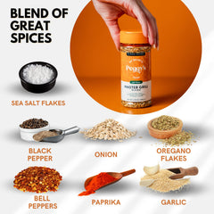 Peggy’s Food Master Grill Blend bottle pour demonstrates easy seasoning application.