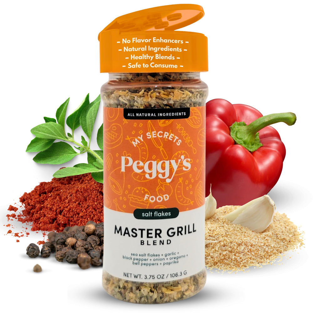 Peggy’s Food Master Grill Blend jar shows rich herbs for savory grilling.