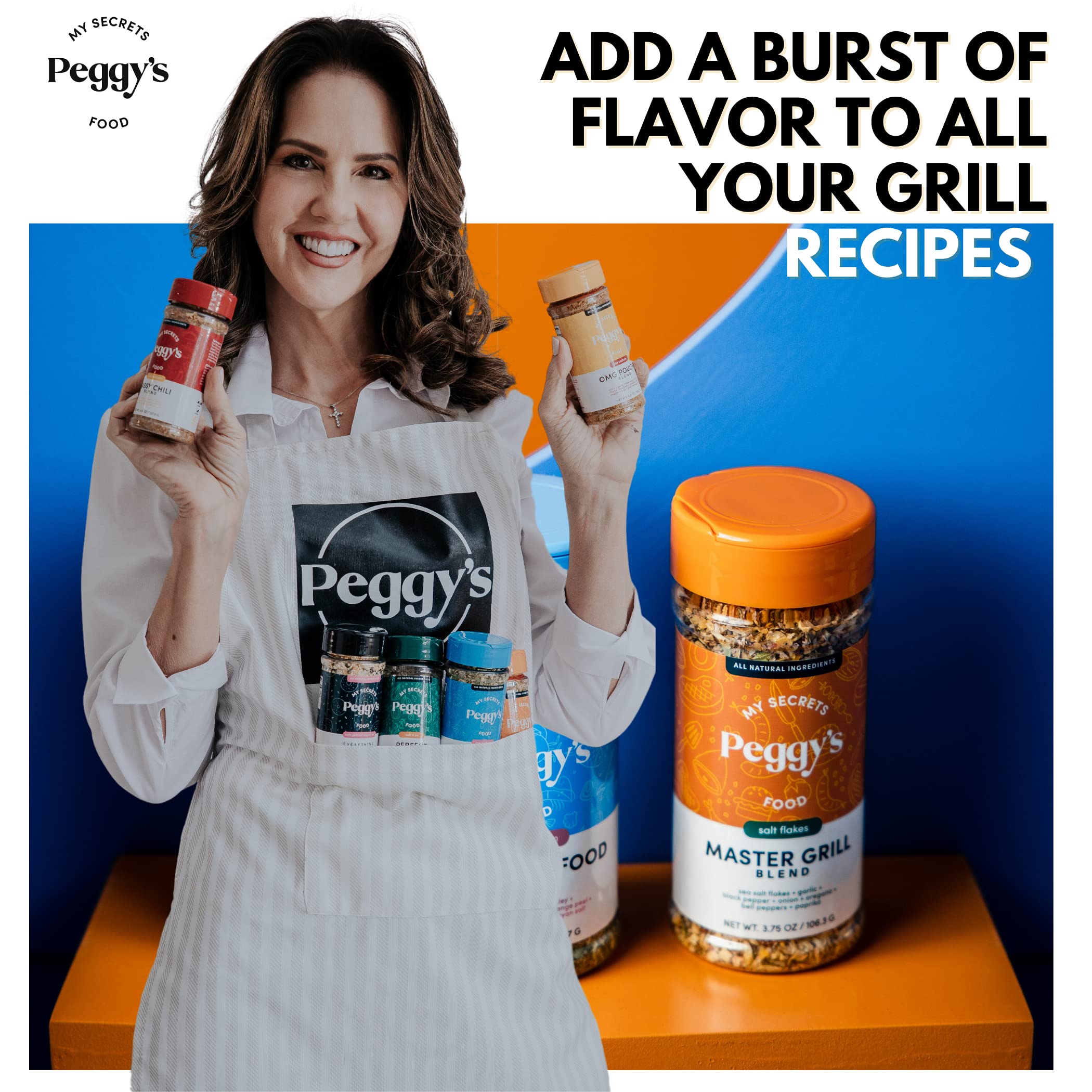 Peggy’s Food Master Grill Blend kitchen scene suggests versatile herb use.