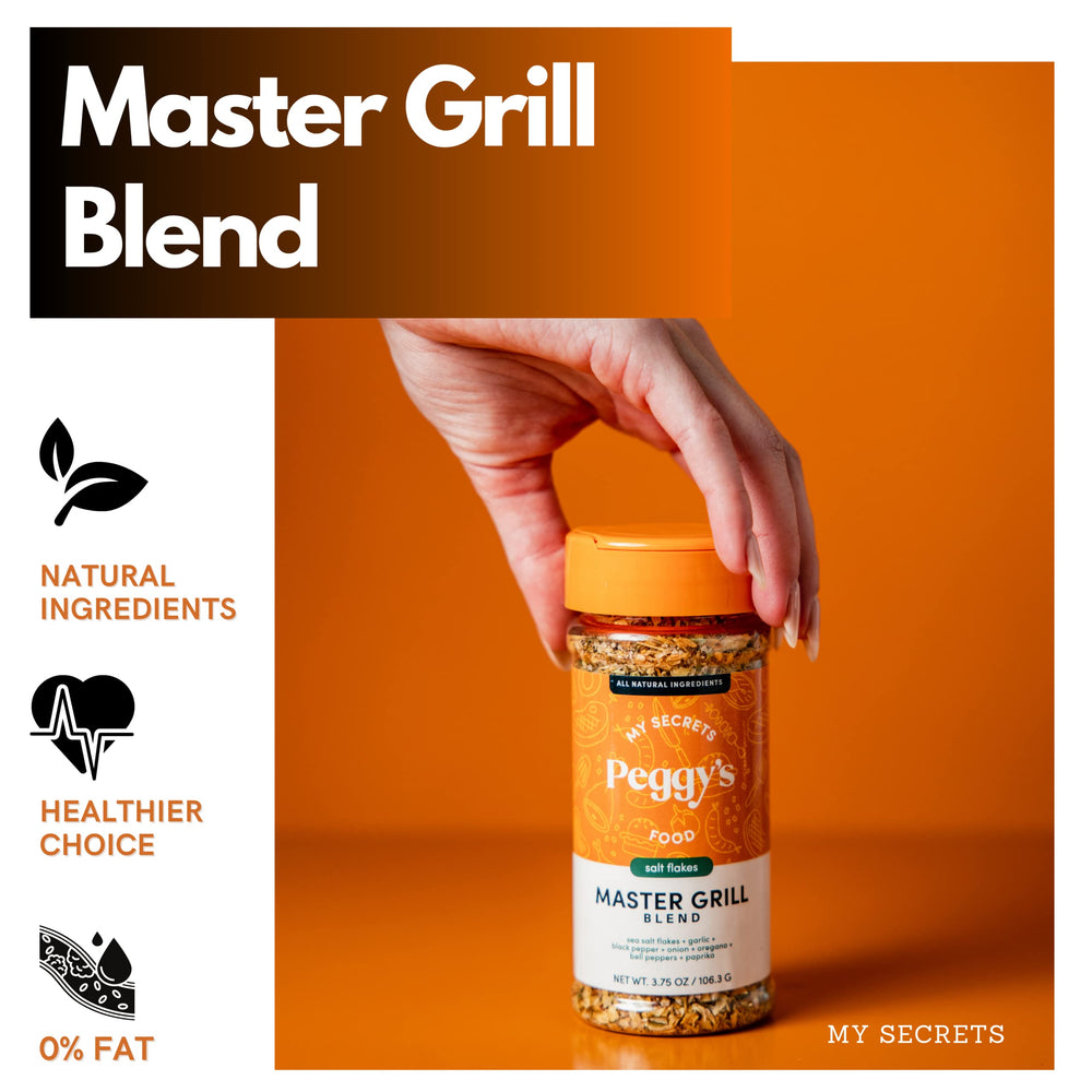 Peggy’s Food Master Grill Blend sea salt crystals enhance texture and depth.