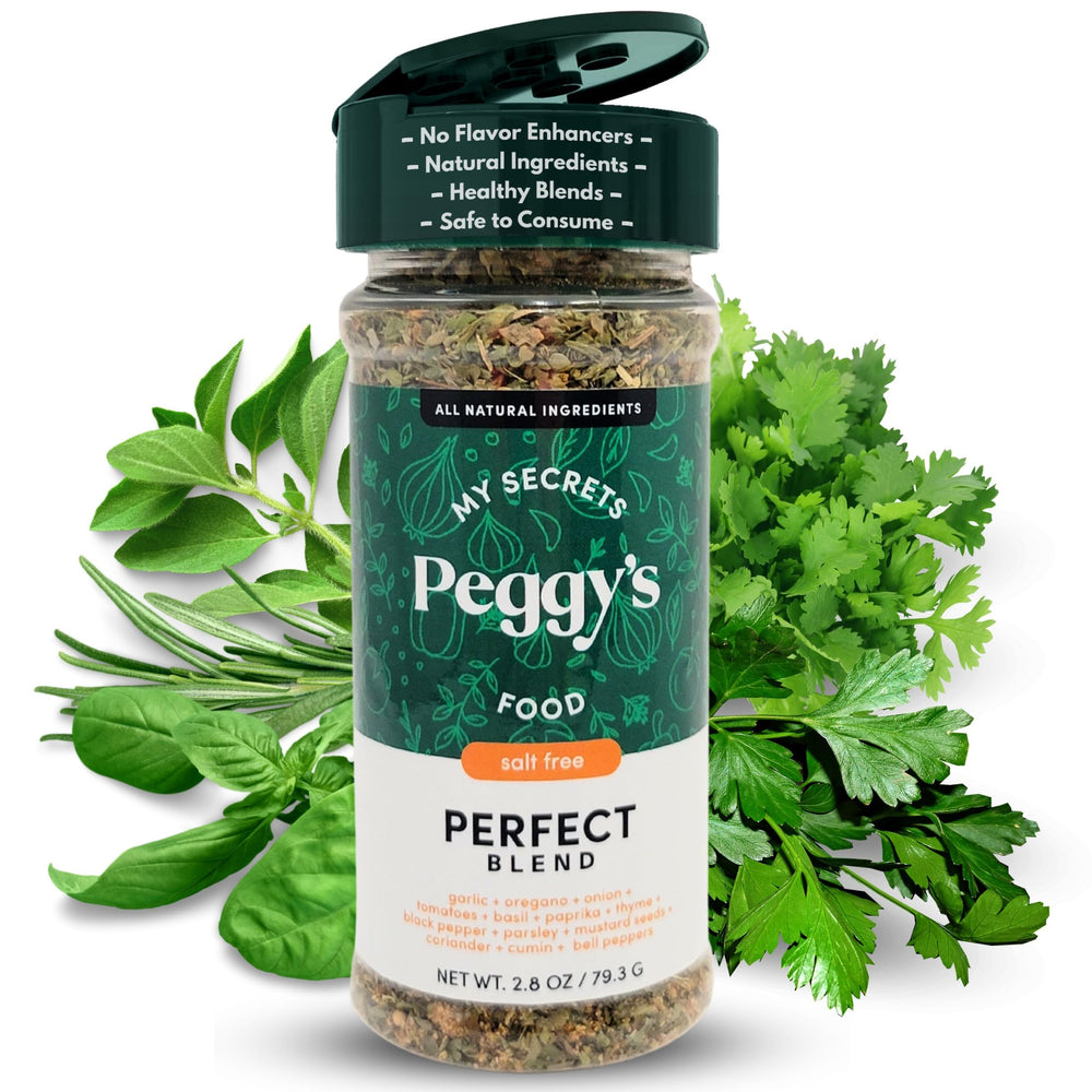 Peggy's Food Perfect Seasoning Mix bottle on counter boosts weeknight meals.
