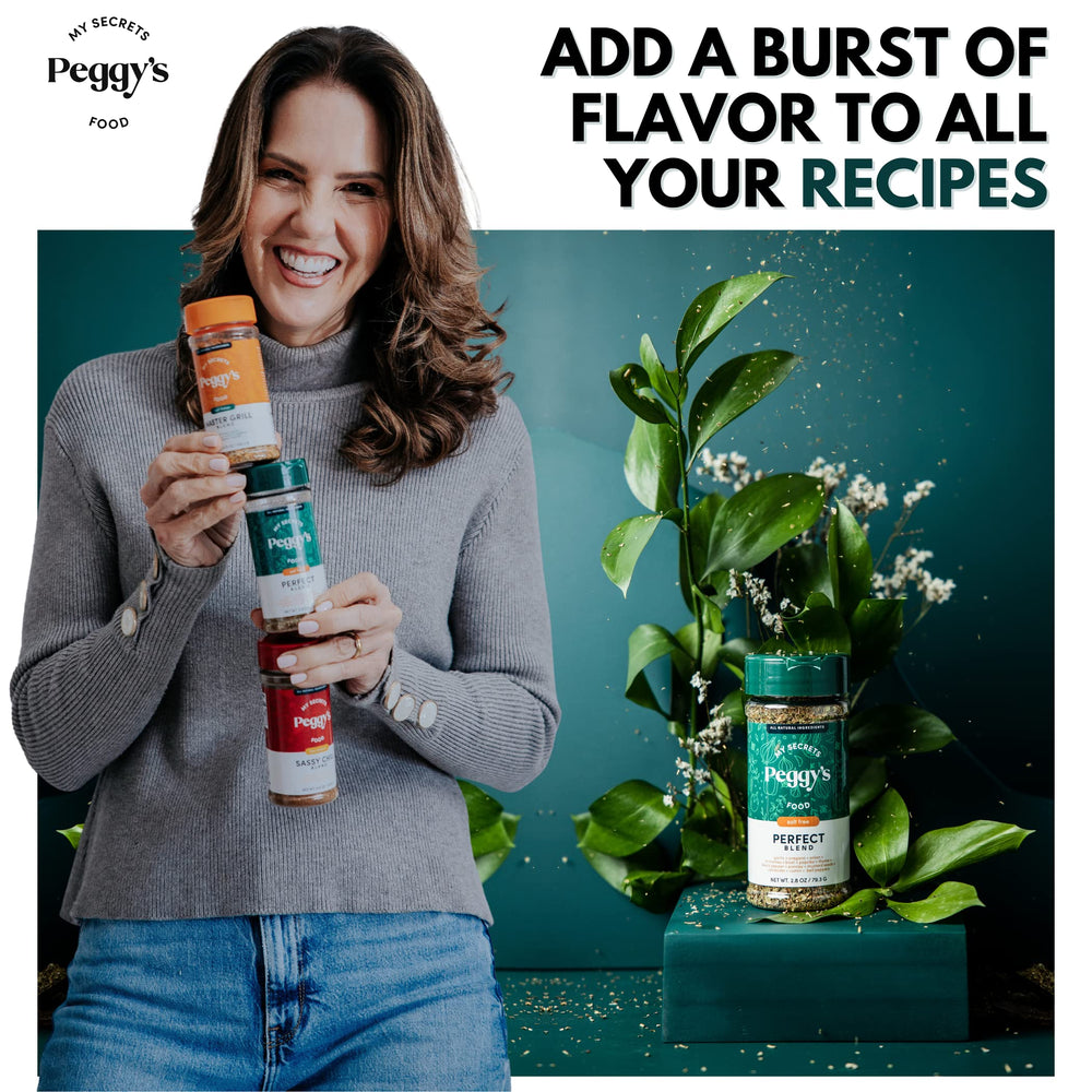 Peggy's Food Perfect Seasoning Mix bottle with no-sodium option for mindful seasoning.
