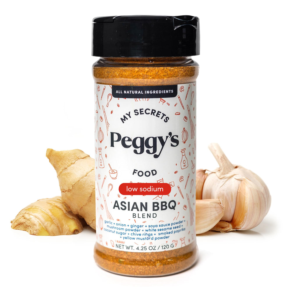 Peggy's Asian BBQ seasoning bottle enhancing grilled meats with bold umami