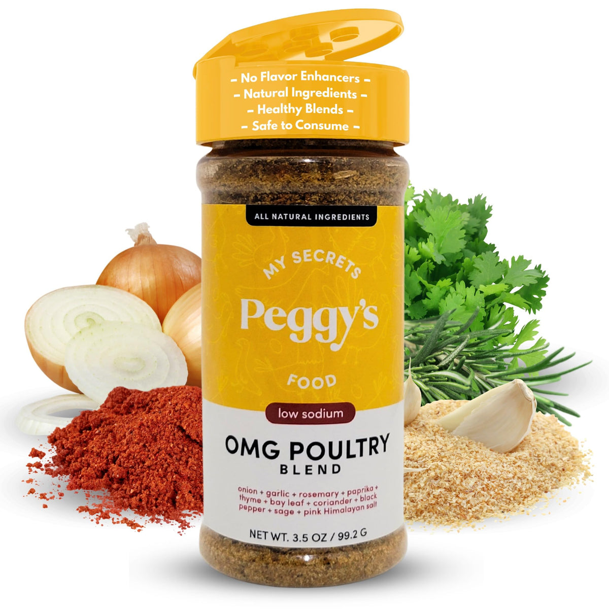Peggy's OMG Poultry Seasoning Blend bottle for bold poultry flavor.