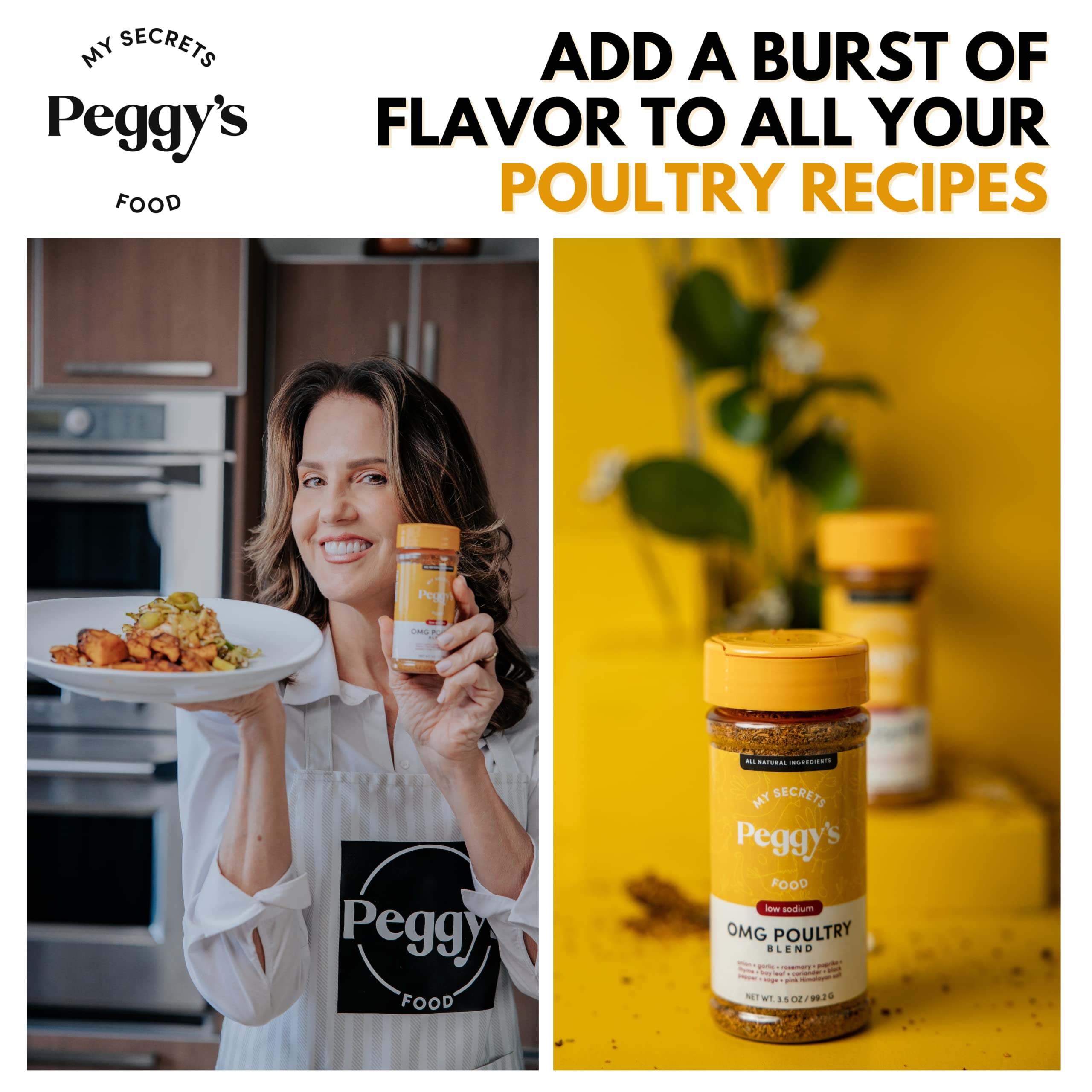 Peggy's OMG Poultry Seasoning Blend packaging highlights a balanced, tasty base.