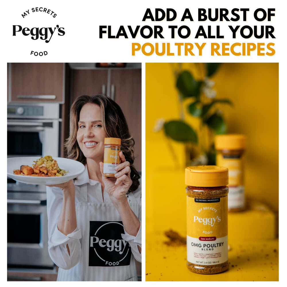 Peggy's OMG Poultry Seasoning Blend packaging highlights a balanced, tasty base.