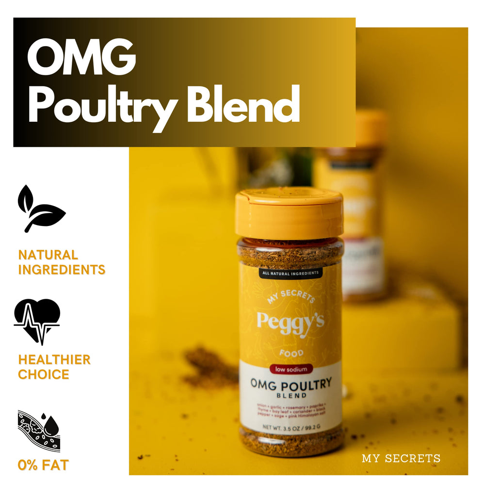 Peggy's OMG Poultry Seasoning Blend tin ready for marinades and roasting.