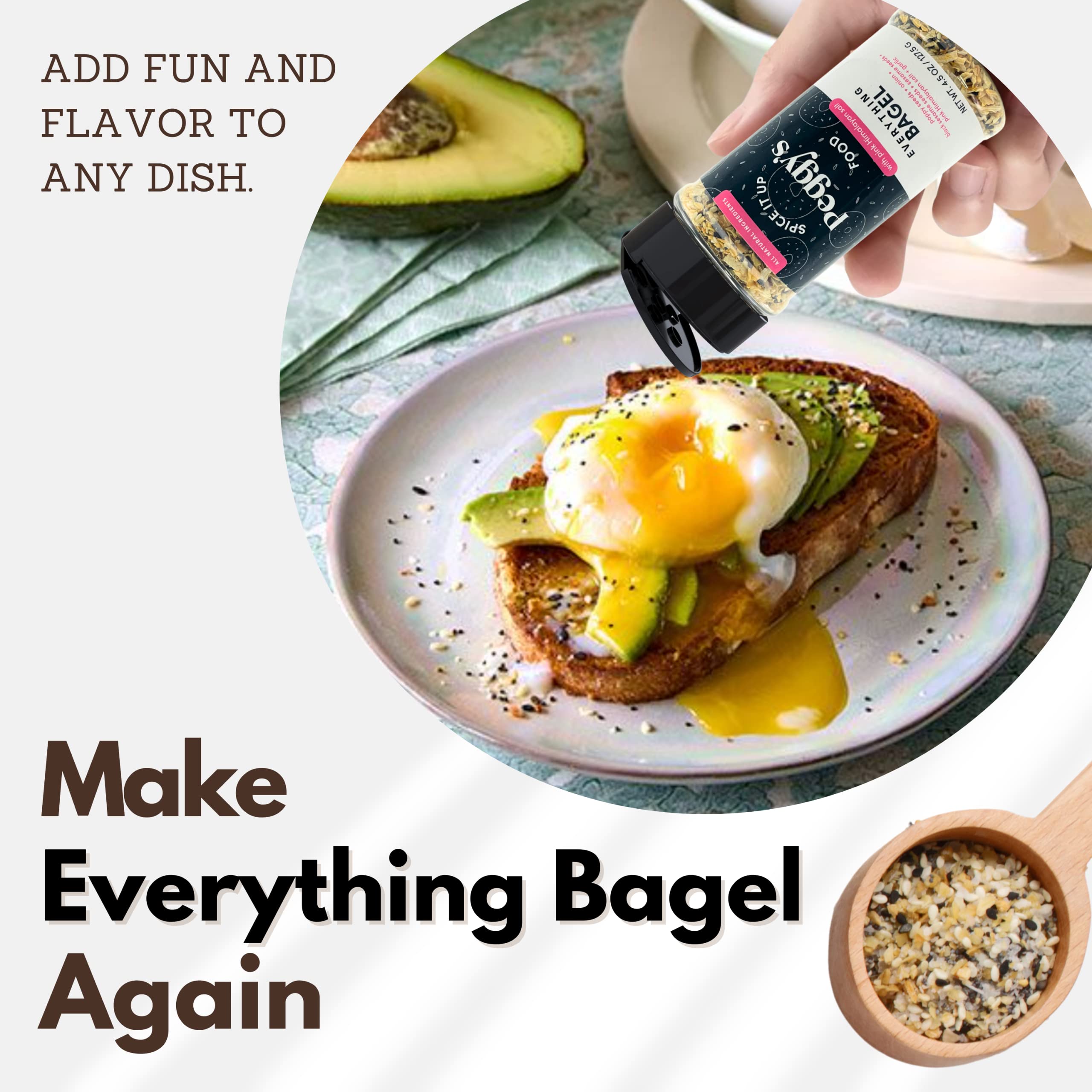Peggy's Everything Bagel Seasoning dusted over avocado toast delivers bright spice.