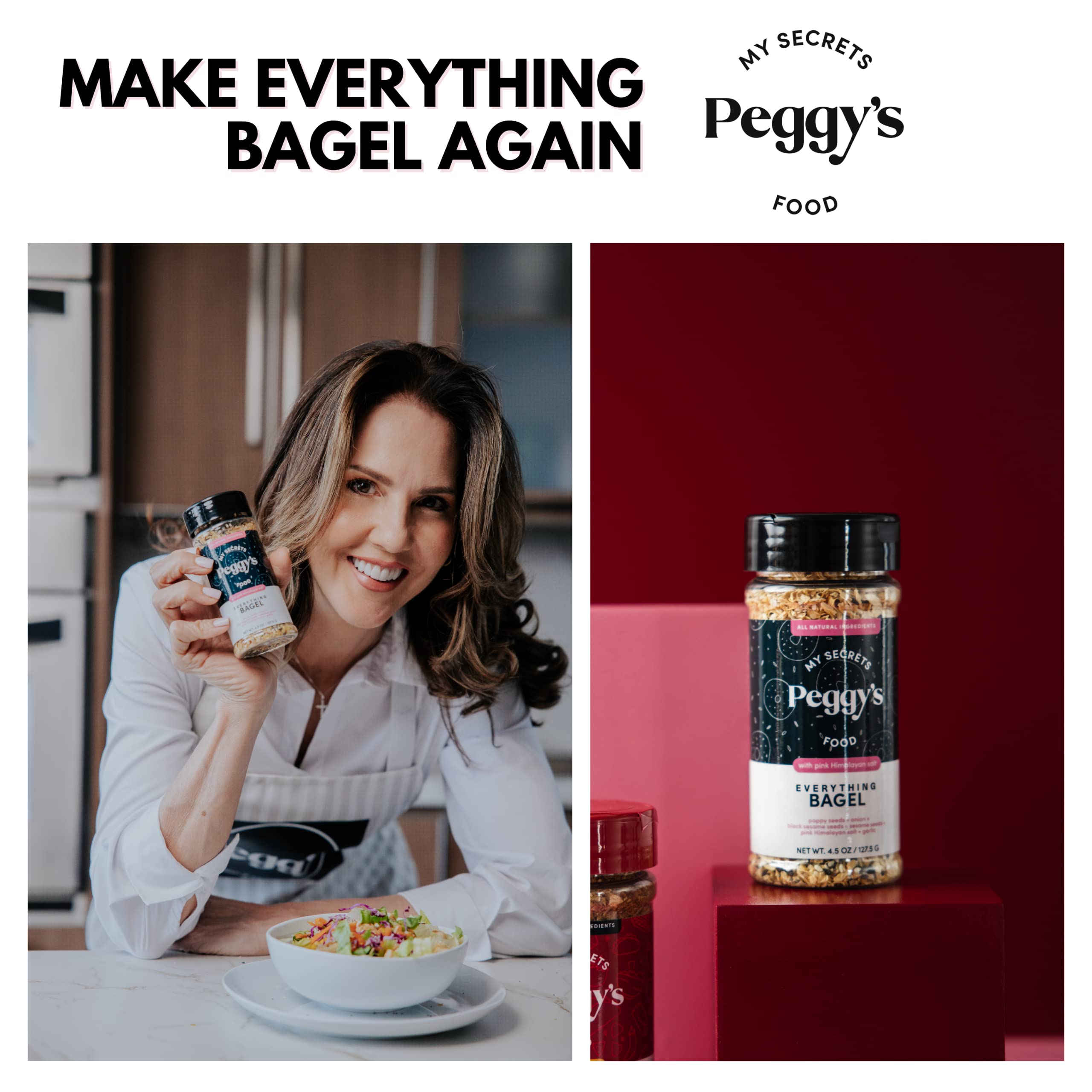 Peggy's Everything Bagel Seasoning recipe card beside the jar invites quick flavor ideas.