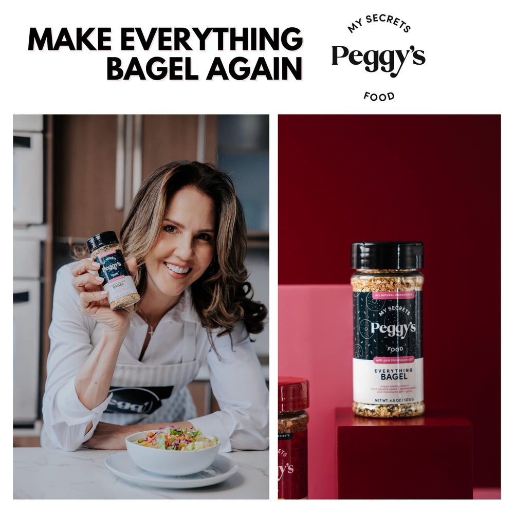 Peggy's Everything Bagel Seasoning recipe card beside the jar invites quick flavor ideas.