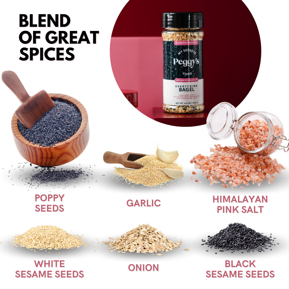 Peggy's Everything Bagel Seasoning shown in a salad bowl for added crunch.