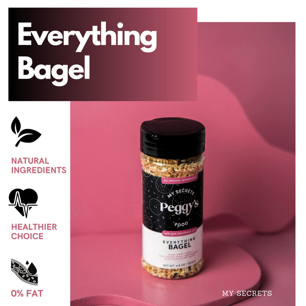 Peggy's Everything Bagel Seasoning array on the spice shelf signals easy kitchen staples.