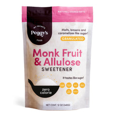 Peggy's Monk Fruit Allulose Sweetener bottle offers zero-calorie sweetness for drinks