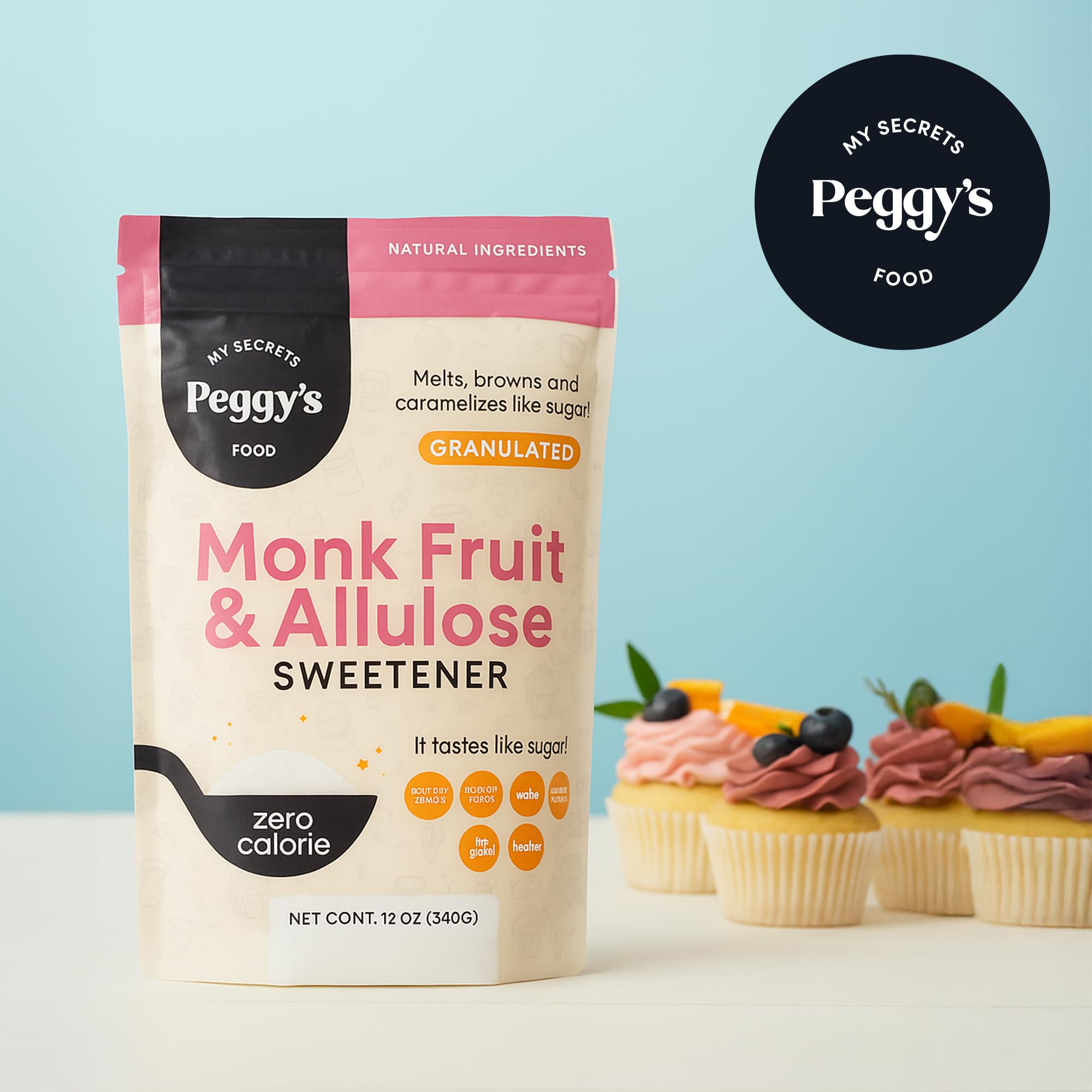 Peggy's Monk Fruit Allulose packaging closeup highlights clean, thoughtful design
