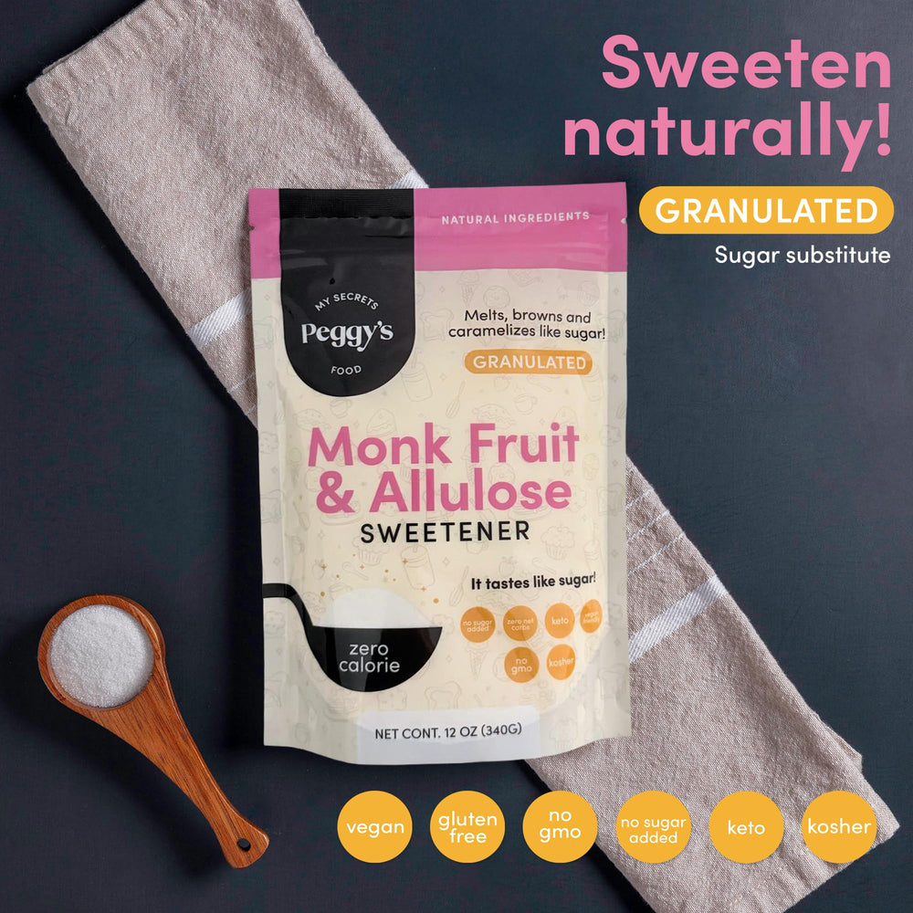 Peggy's Monk Fruit Allulose Sweetener adds sweetness to smoothies and sauces