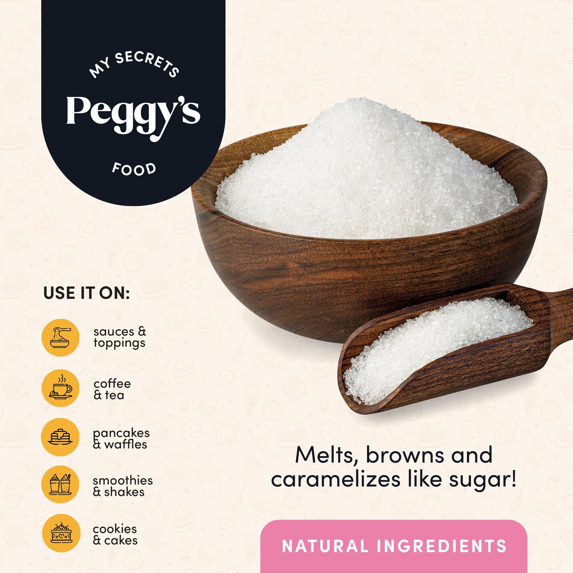 Peggy's Monk Fruit Allulose Sweetener keeps recipes sugar-free in daily meals and drinks