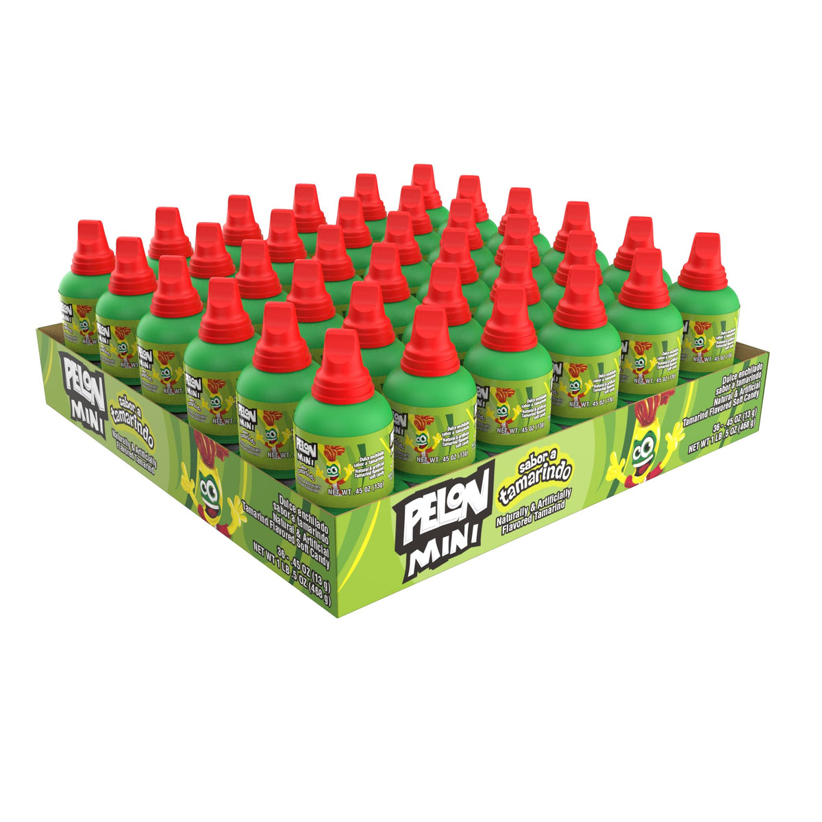 Pelon Pelo Rico mini tamarind candy bottle close-up, tangy and playful.