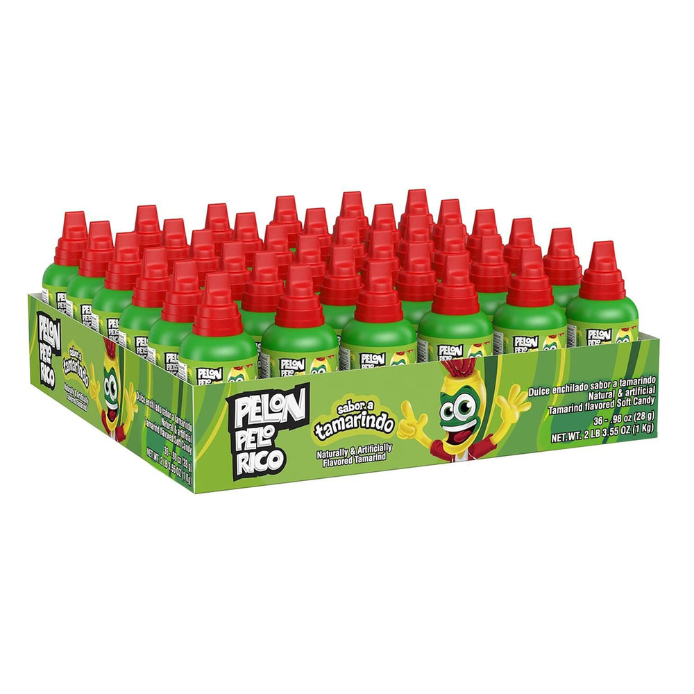 Pelon Pelo Rico tamarind candy bottle pour close-up for snacking.