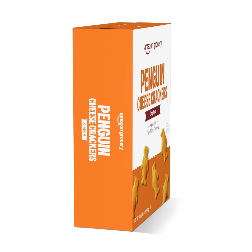 Cheddar cheese flavor close up on Penguin crackers packaging