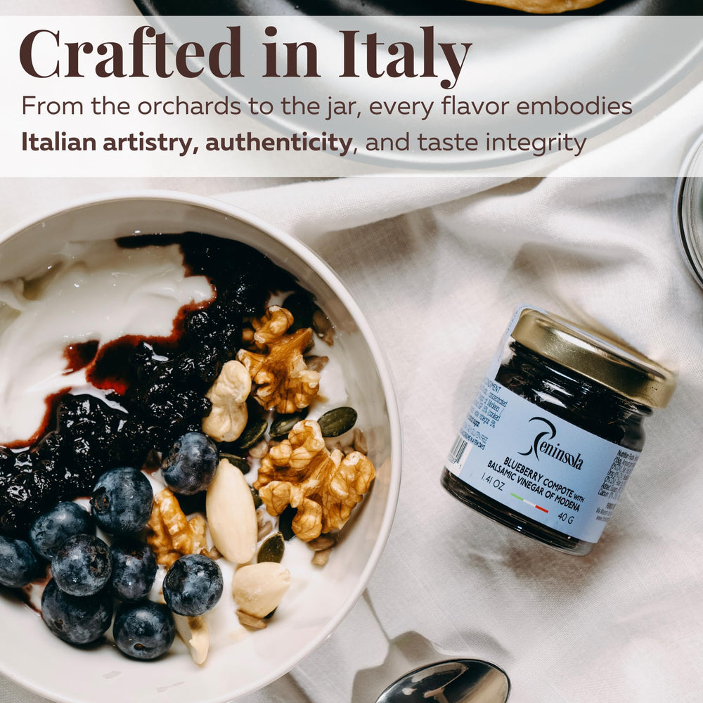 Peninsola balsamic vinegar bottle drizzled over cheese for depth.