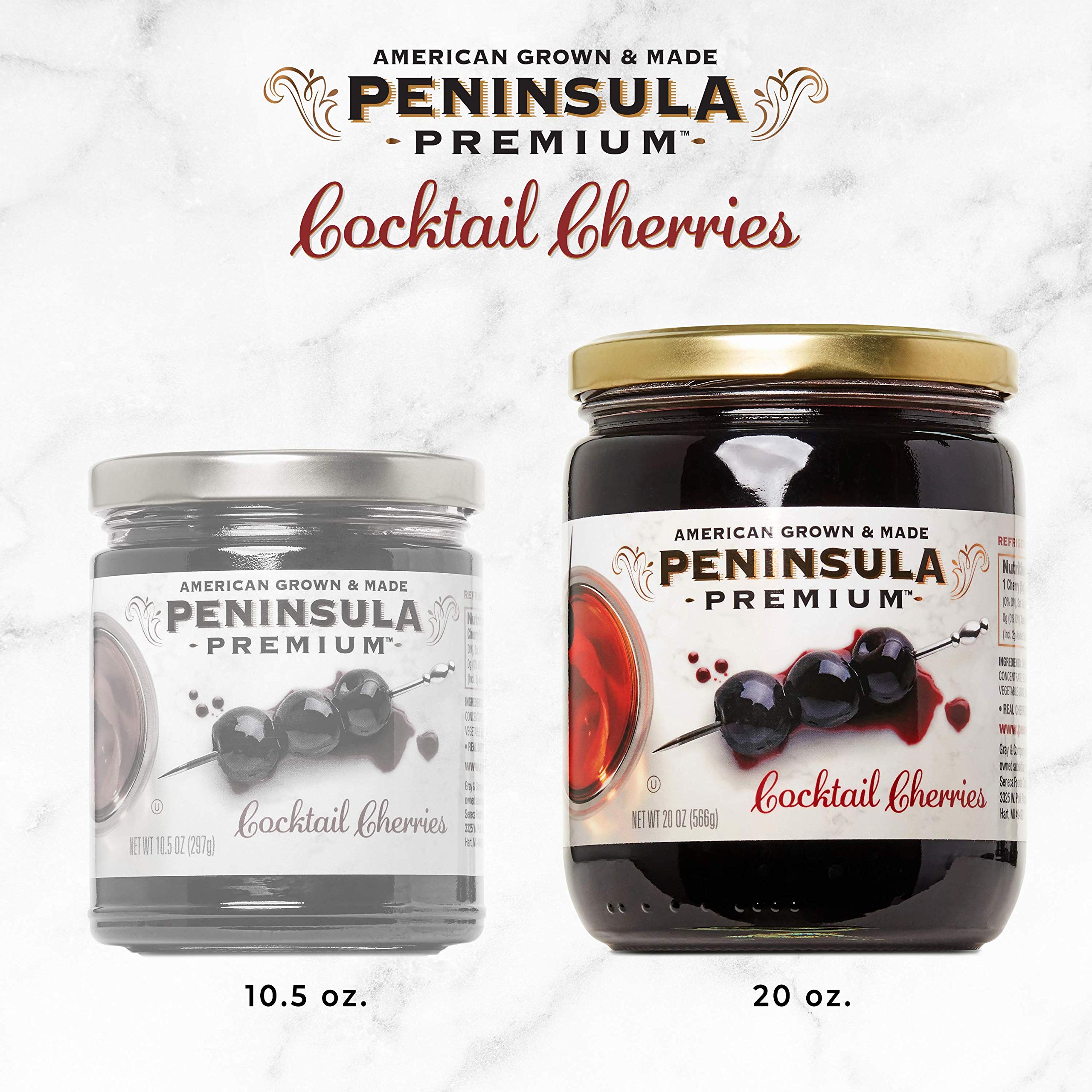 Peninsula Premium Cocktail Cherries jar close-up for elegant garnish.