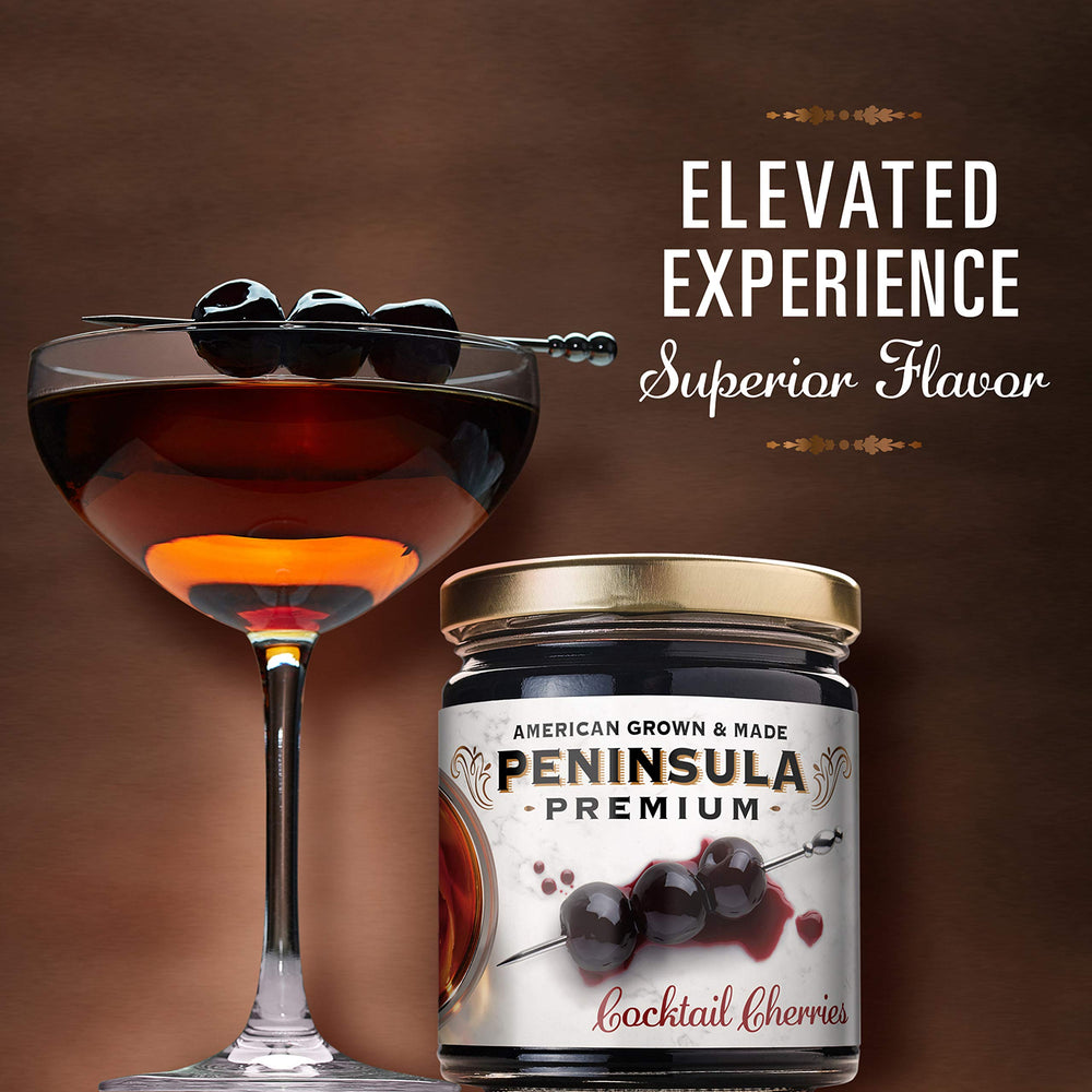 Peninsula Premium Cocktail Cherries american-grown map motif highlights local sourcing.