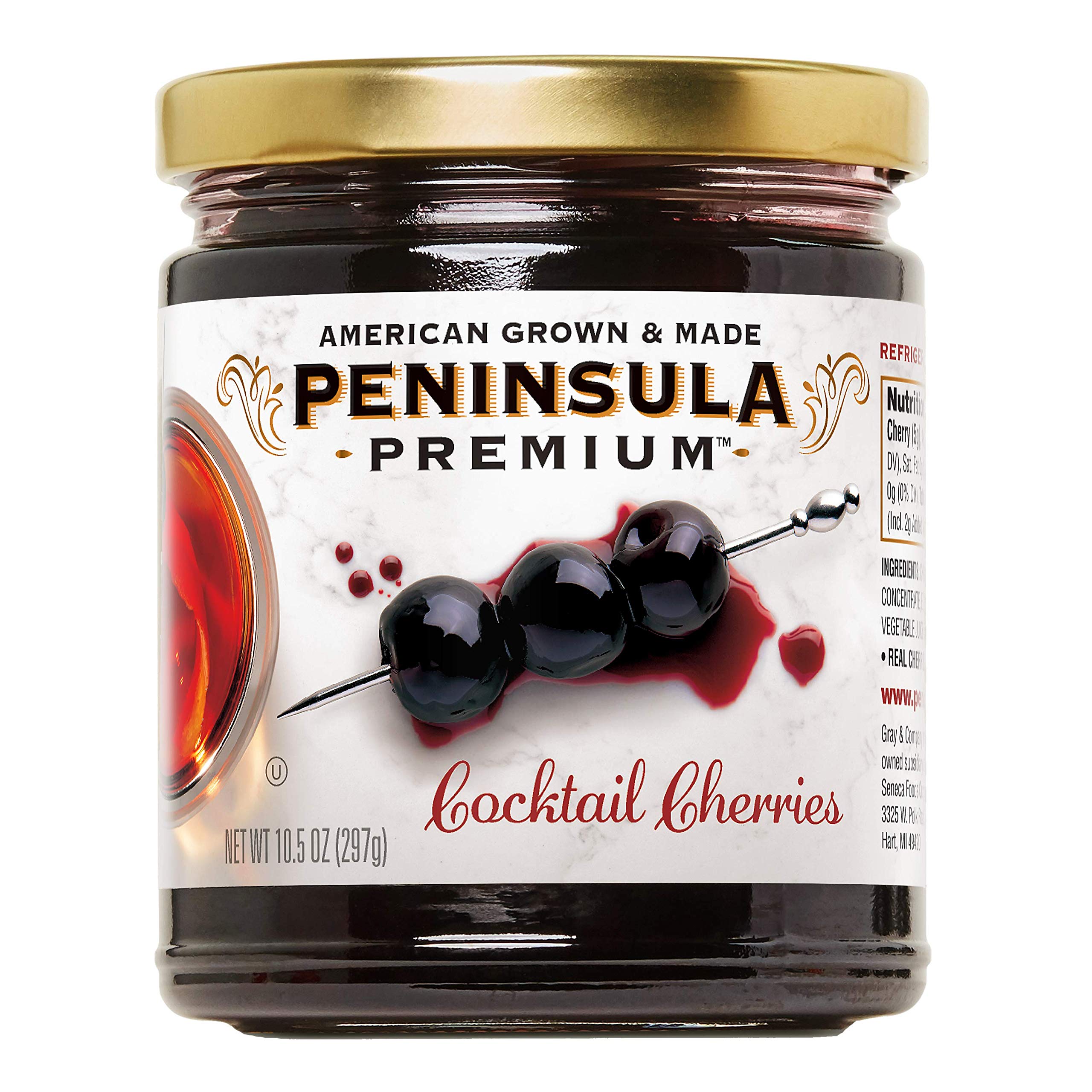 Peninsula Premium Cocktail Cherries in a glass, showcasing award-winning flavor for cocktails.