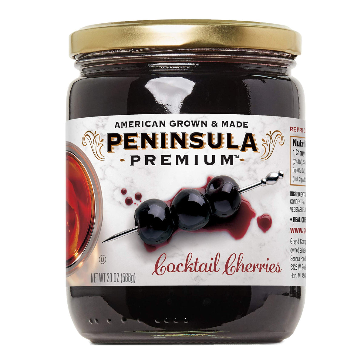 Peninsula Premium Cocktail Cherries bottle with deep burgundy color for cocktails.