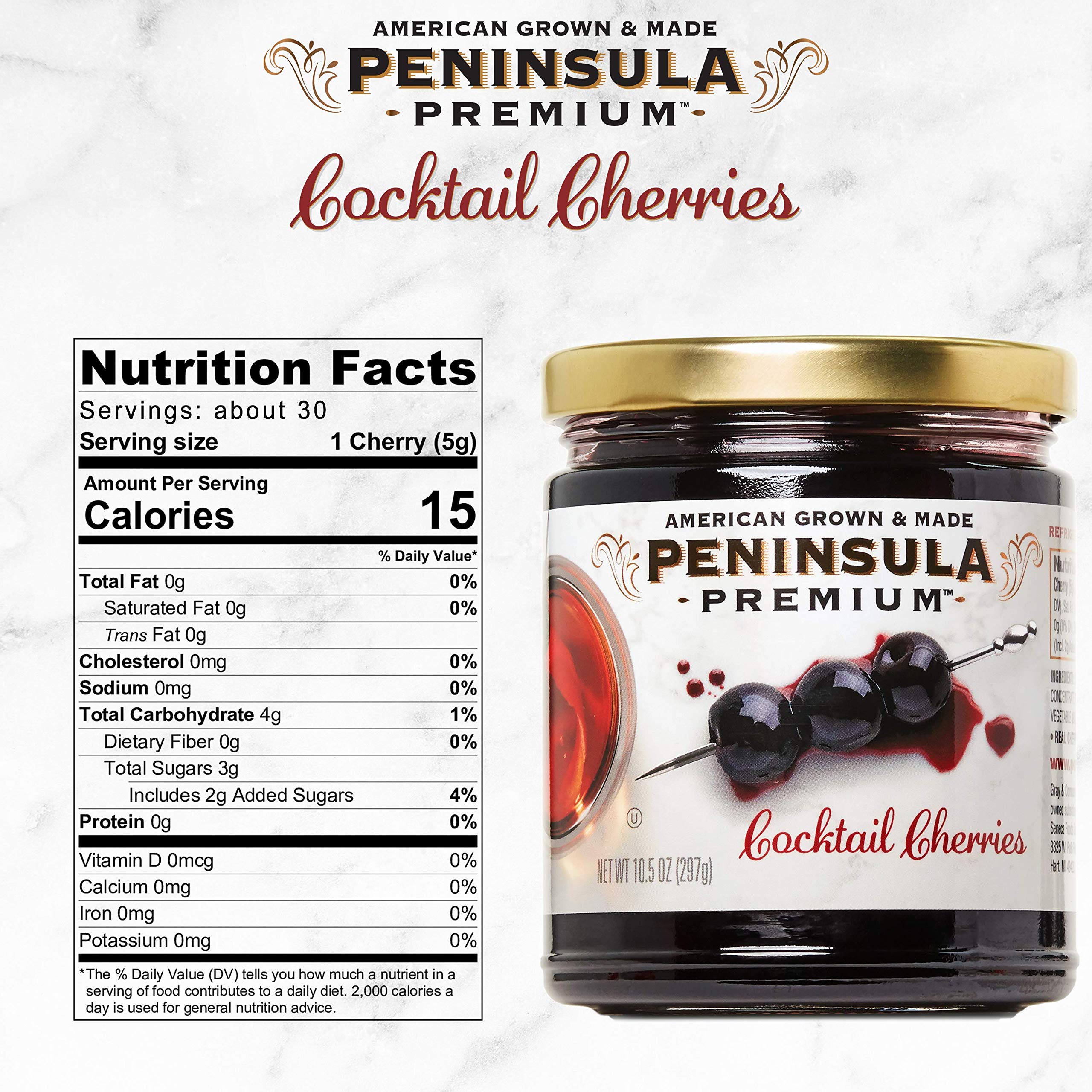 Close-up of Peninsula Premium Cocktail Cherries jar, rich burgundy color and silky syrup.