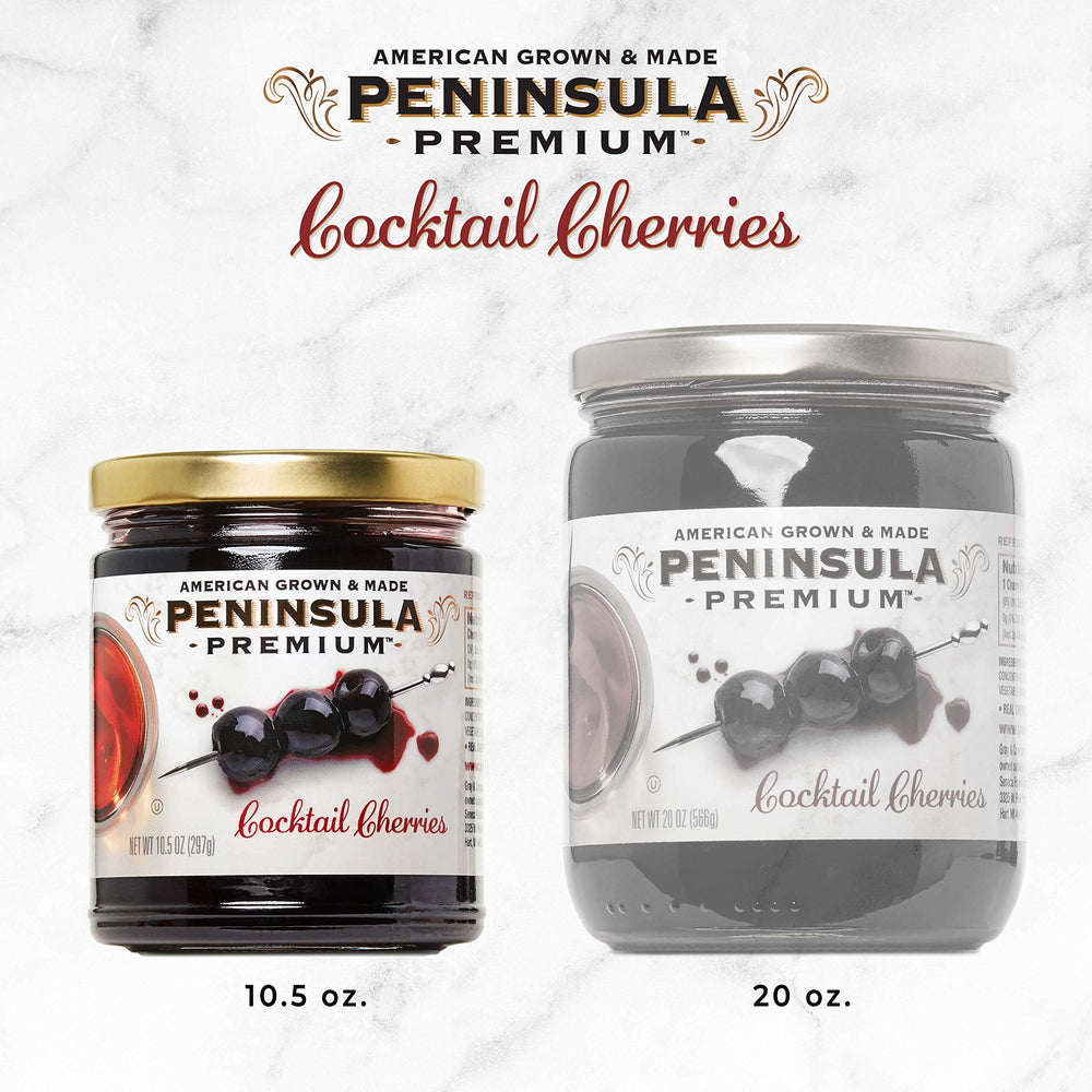 Peninsula Premium Cocktail Cherries martini-glass scene for elevated cocktails.