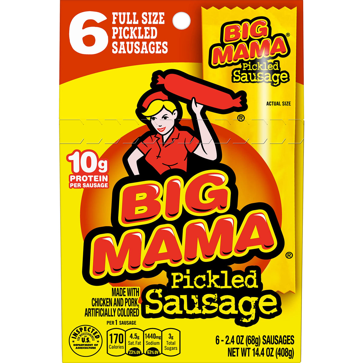 Penrose Big Mama pickled sausages pack front, ready-to-eat snack.