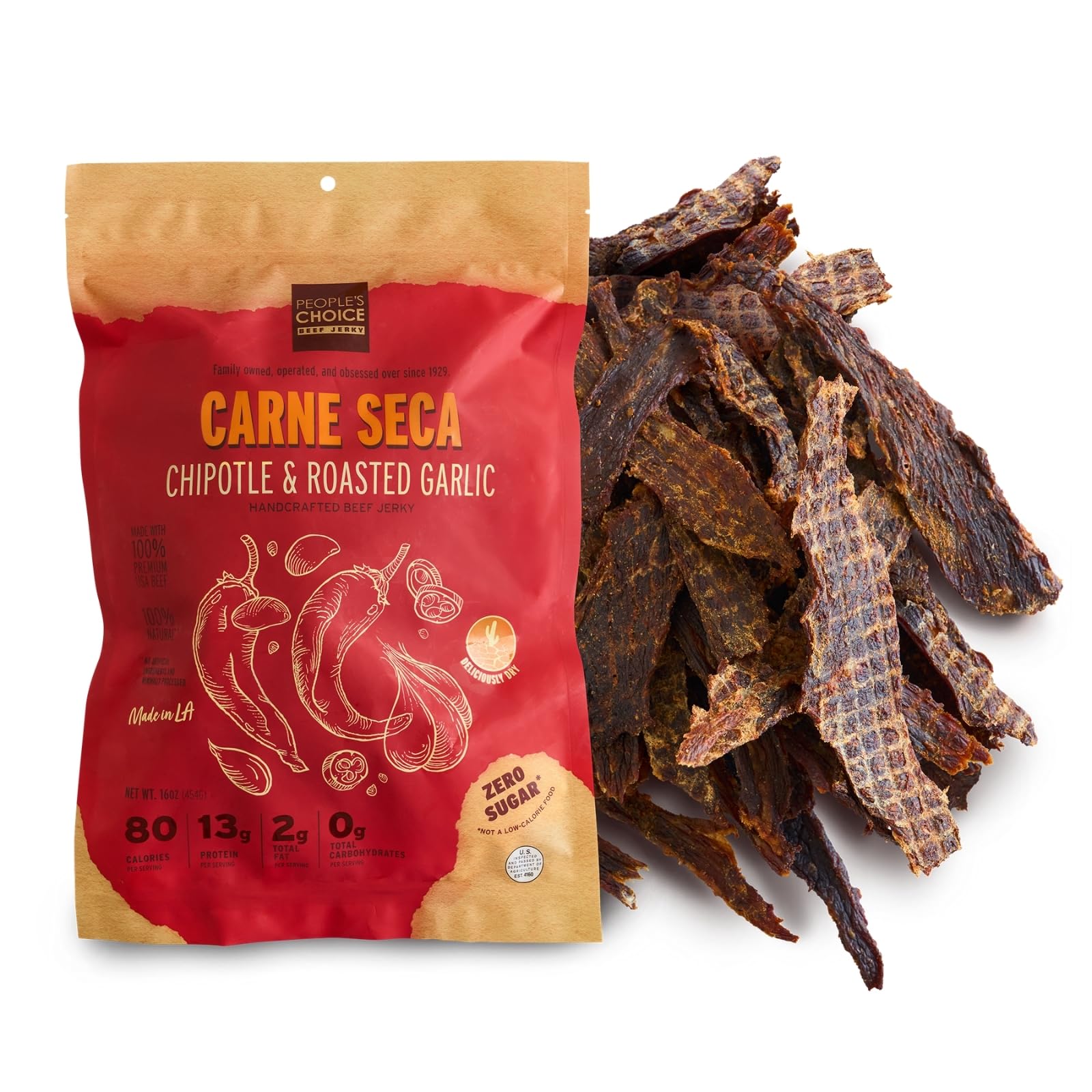 Peoples Choice Beef Jerky chipotle roasted garlic slices with steak-like texture