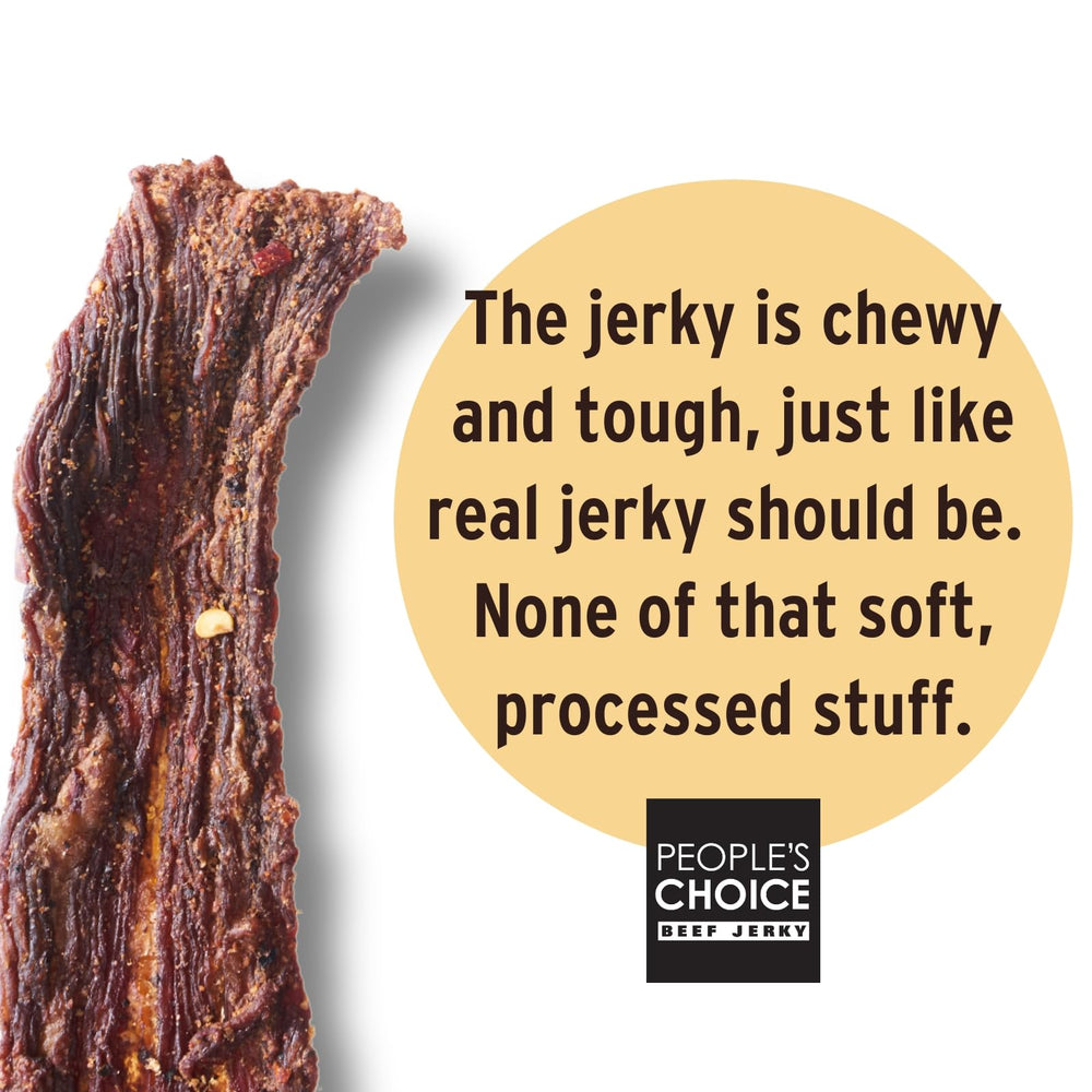 People's Choice Beef Jerky dry texture slice showing steak-like chew for on-the-go energy