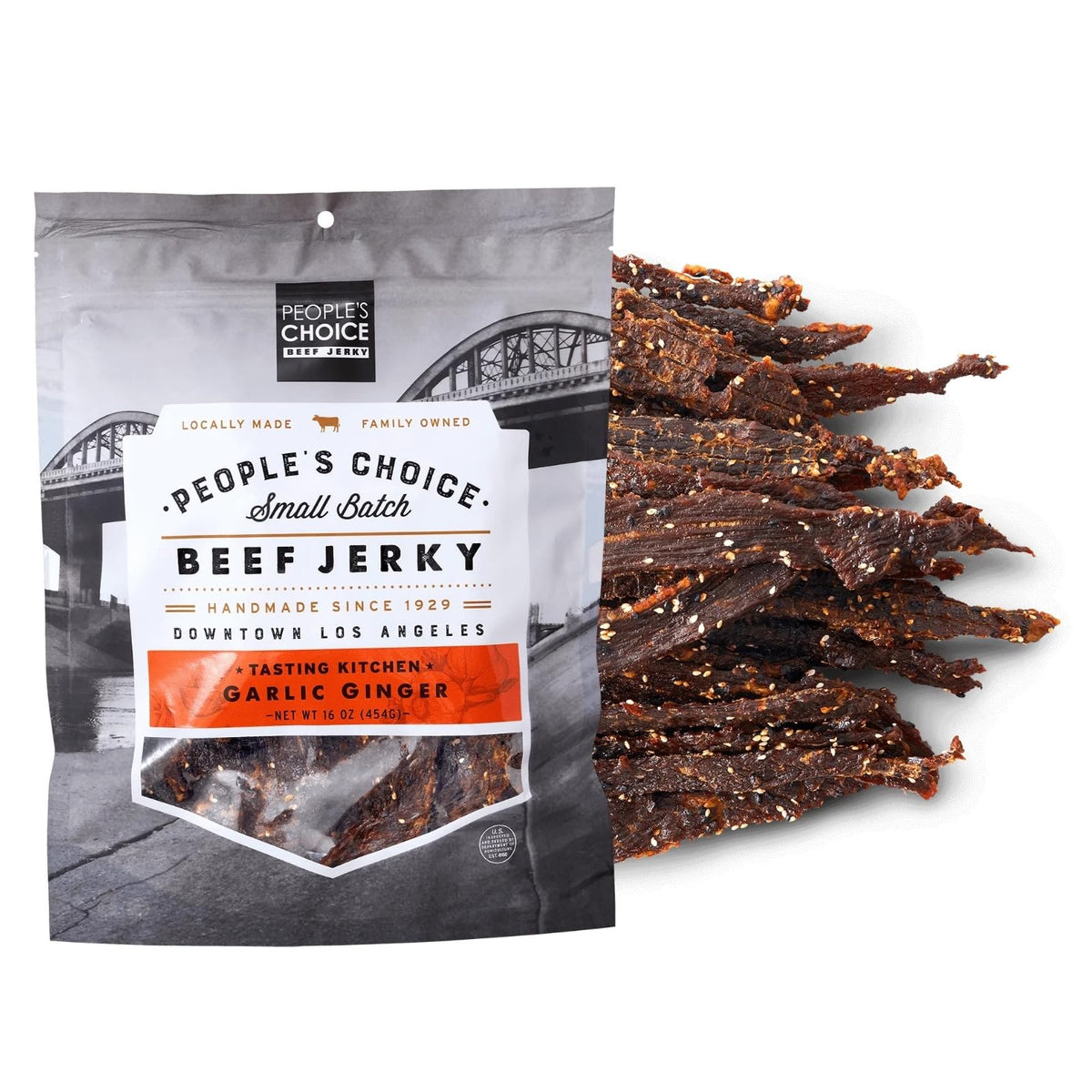 People's Choice Beef Jerky garlic-ginger flavor slices highlight bold taste and protein.