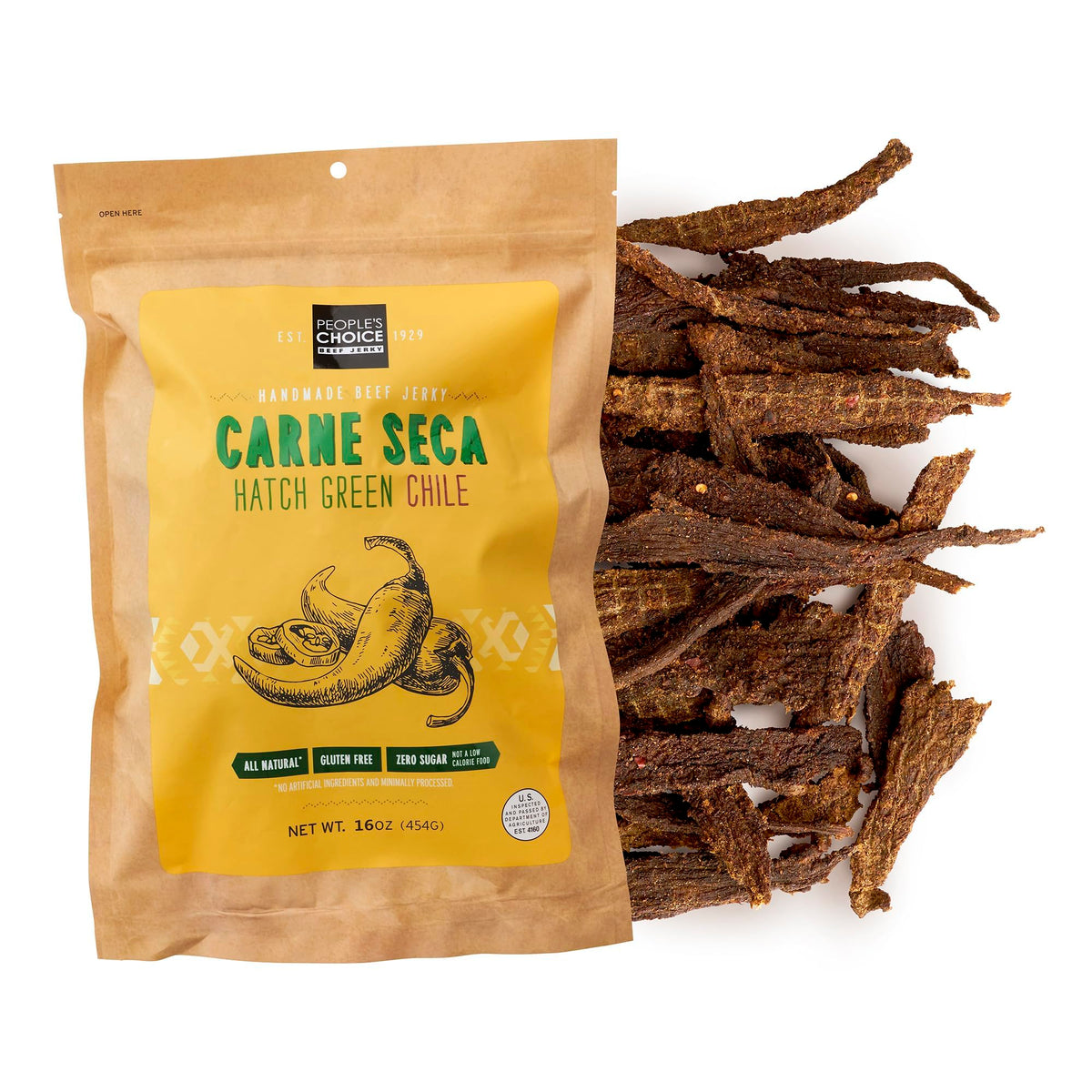 People's Choice Beef Jerky hatch green chile bag highlighting smoky flavor for keto snacking