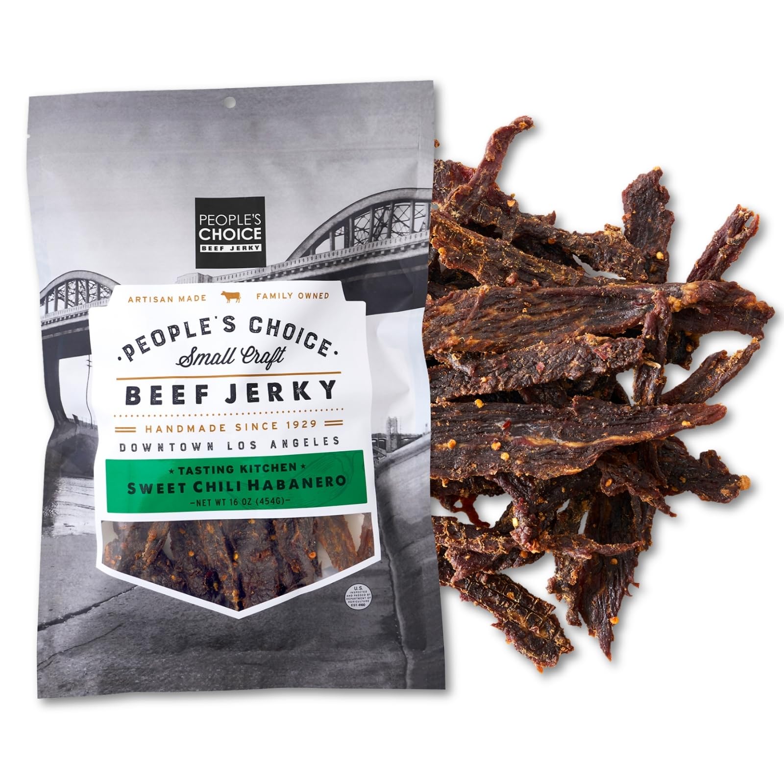 People's Choice Beef Jerky Sweet Chili Habanero bag front with glossy slices, ideal on-the-go snack.
