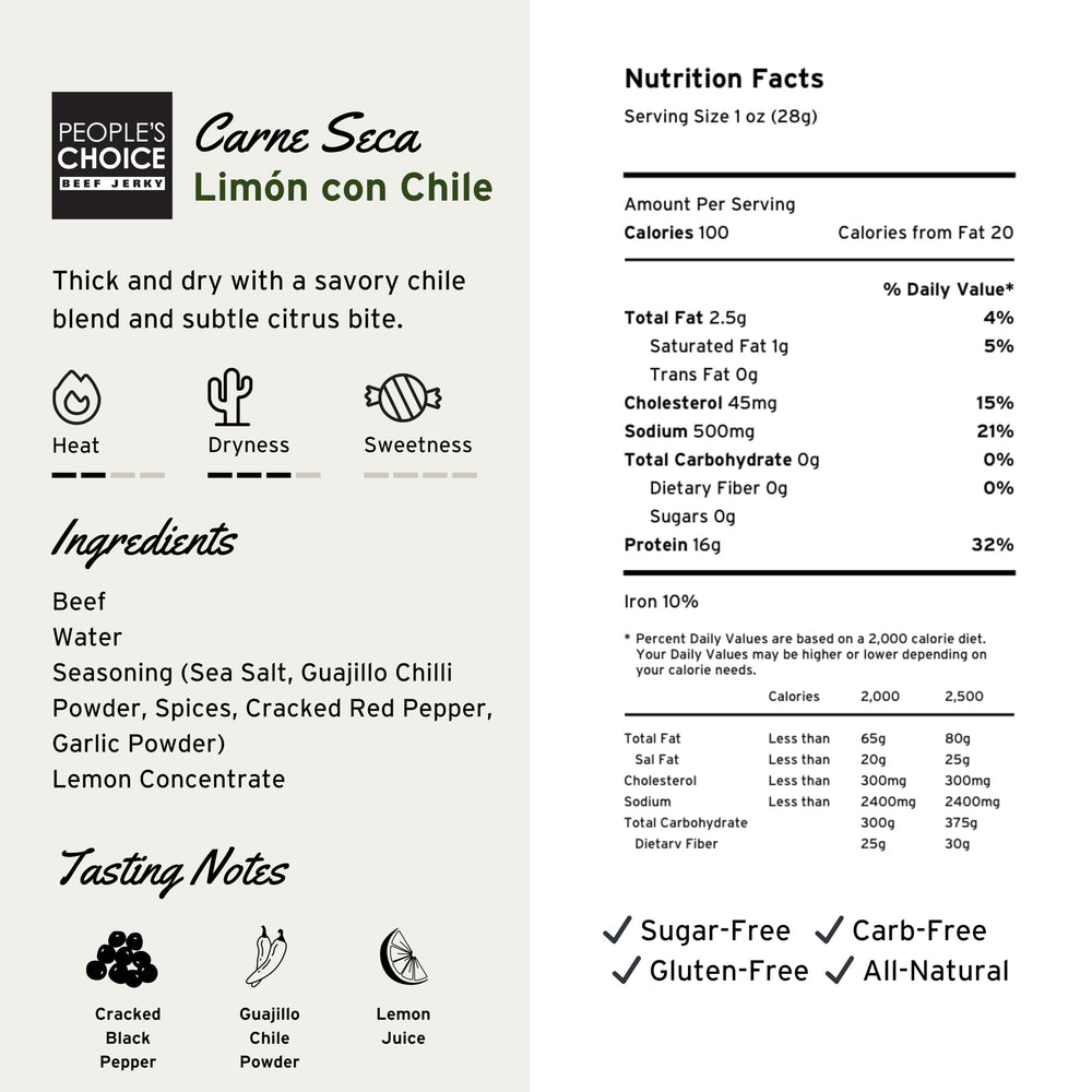 People's Choice Beef Jerky thick sliced beef captures lime and chile flavor for snack lovers