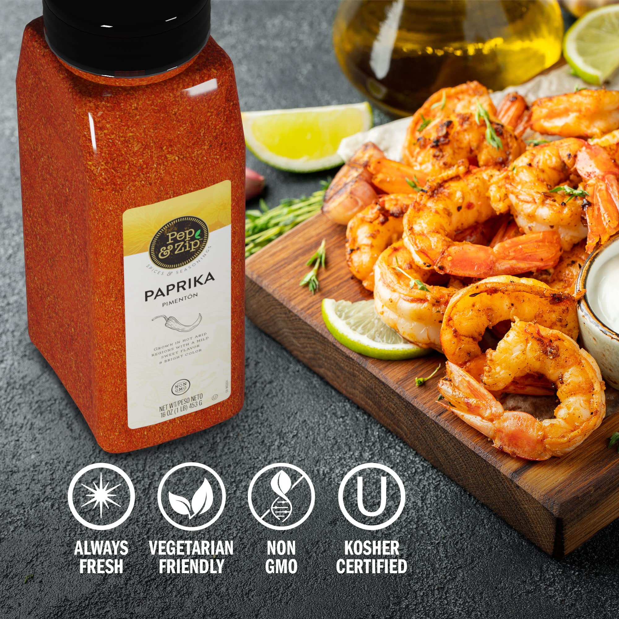 Pep and Zip paprika label highlights Non-GMO and Kosher certification