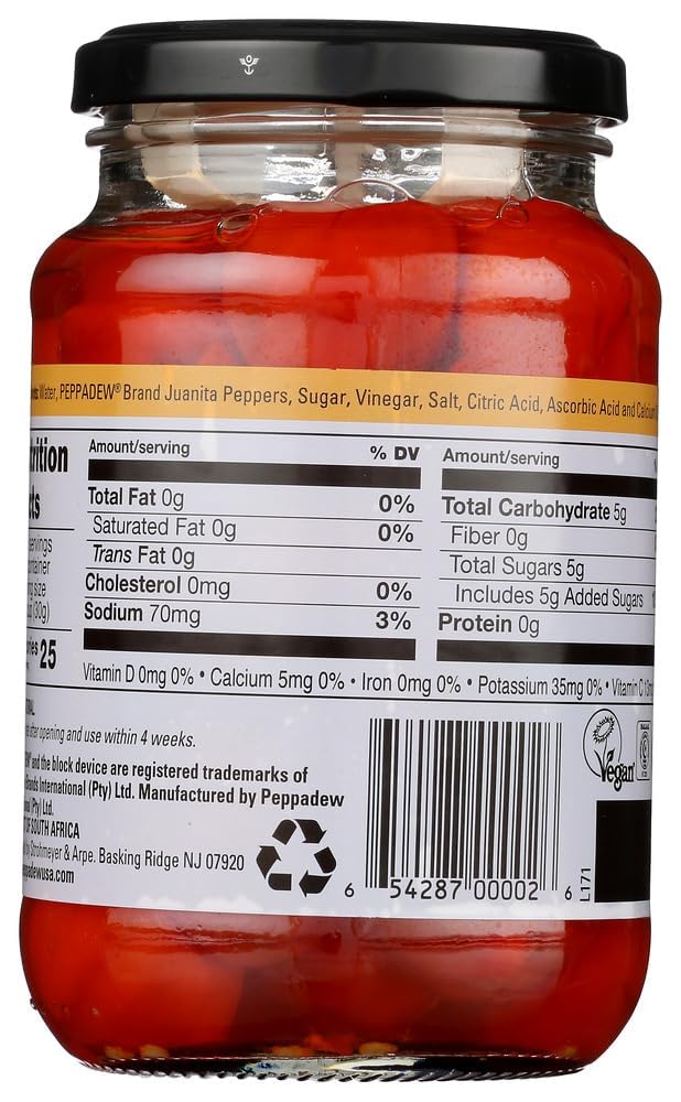 Peppadew Piquant Mild jarred Juanita peppers offer convenient snacking with mild spice.
