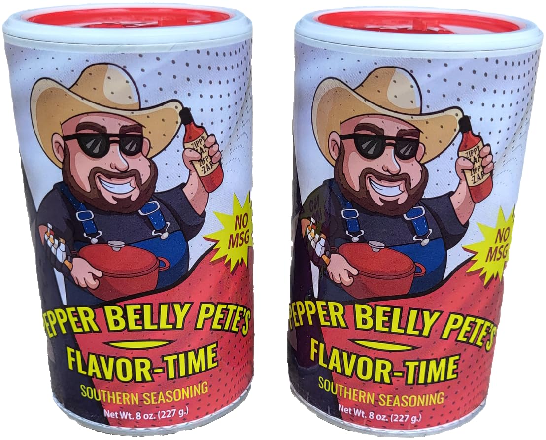 Pepper Belly Pete Flavor-Time bottle showing bold southern seasoning for meats and vegetables