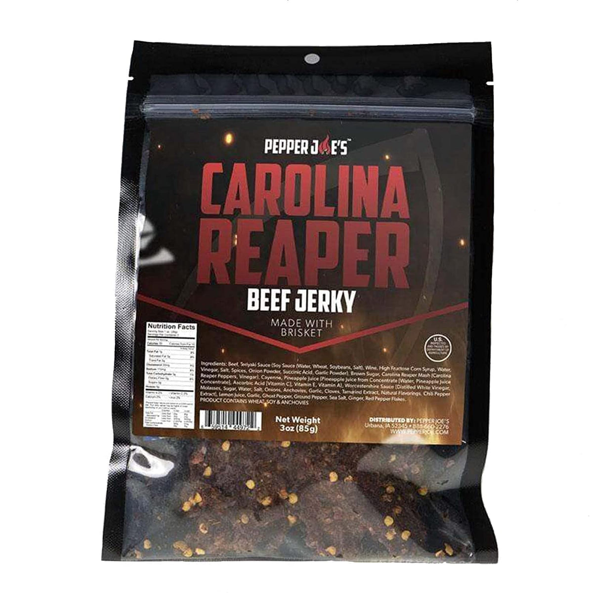Pepper Joe’s Carolina Reaper beef jerky pack front displaying bold spicy slices
