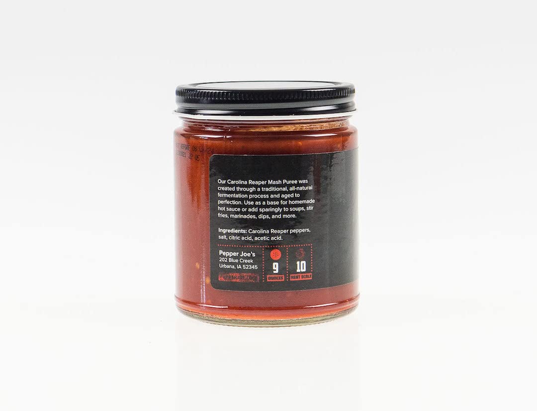 Pepper Joe's Carolina Reaper Mash label closeup emphasizes fermentation depth and aroma.