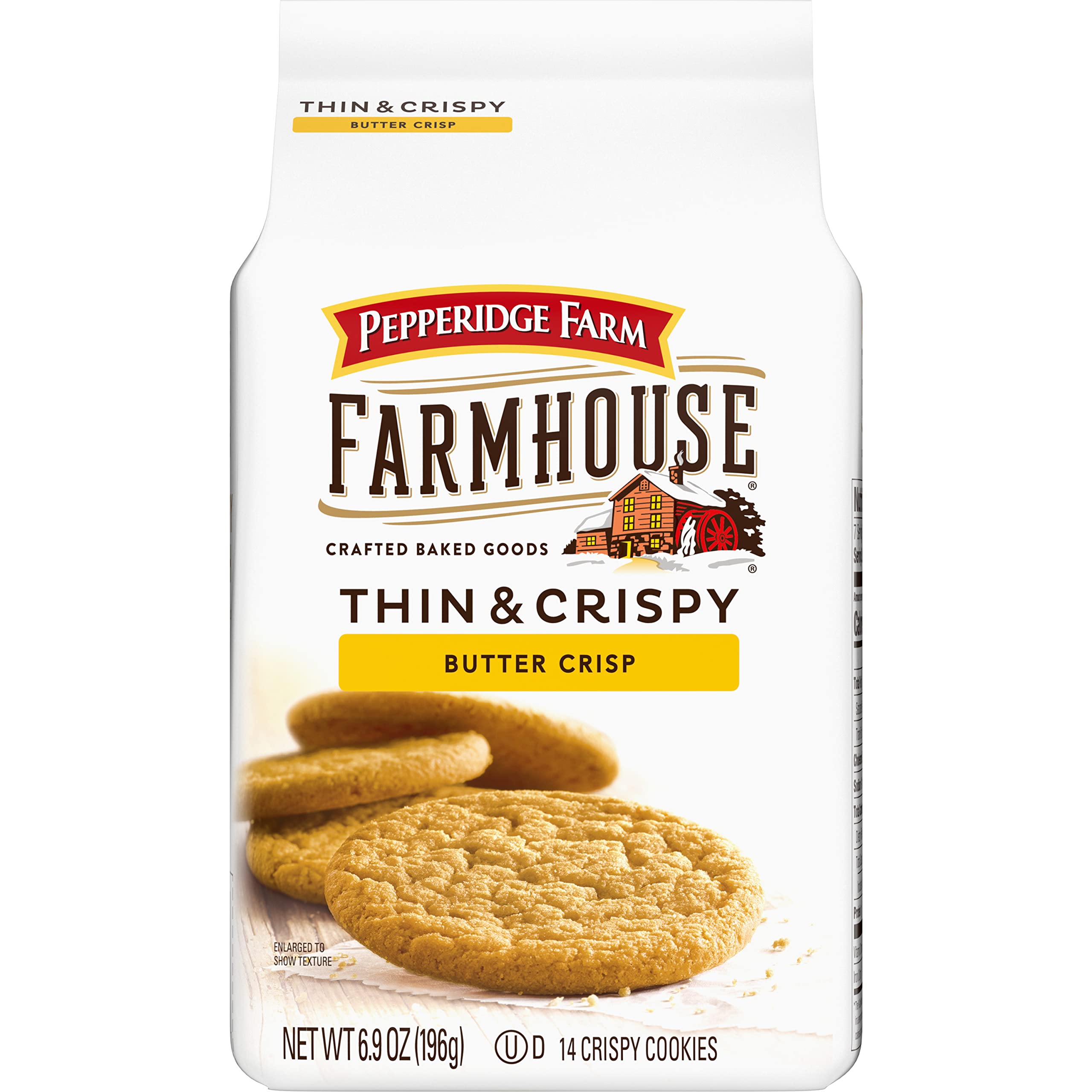 Pepperidge Farm bag front showing Farmhouse Thin & Crispy Butter Crisp Cookies, tempting buttery flavor
