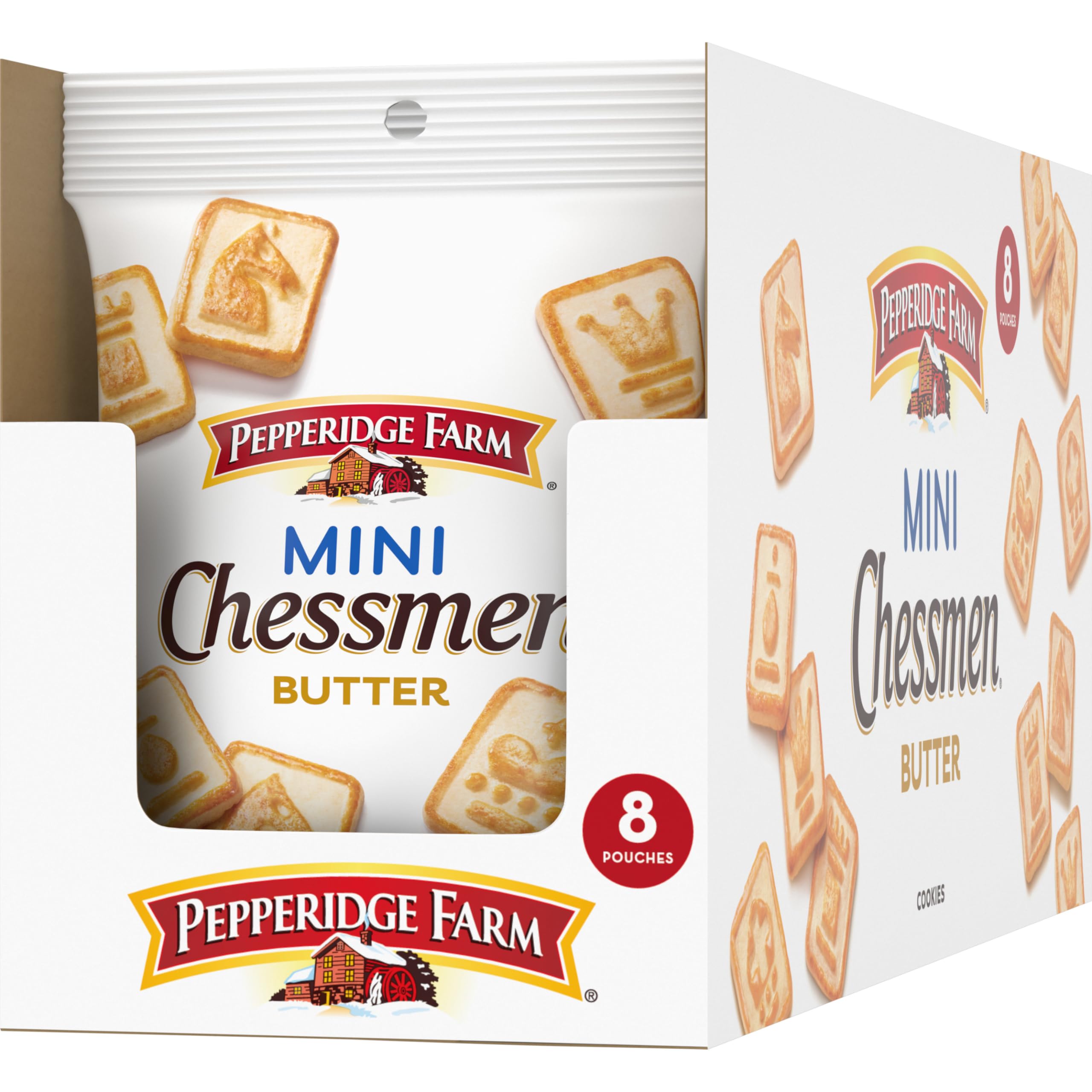 Pepperidge Farm Chessmen Minis packaging highlighting convenient eight-pack format
