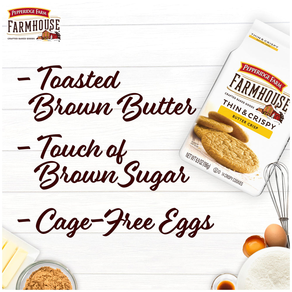 Ingredients layout with butter, eggs, brown sugar and Pepperidge Farm bag highlighting recipe quality