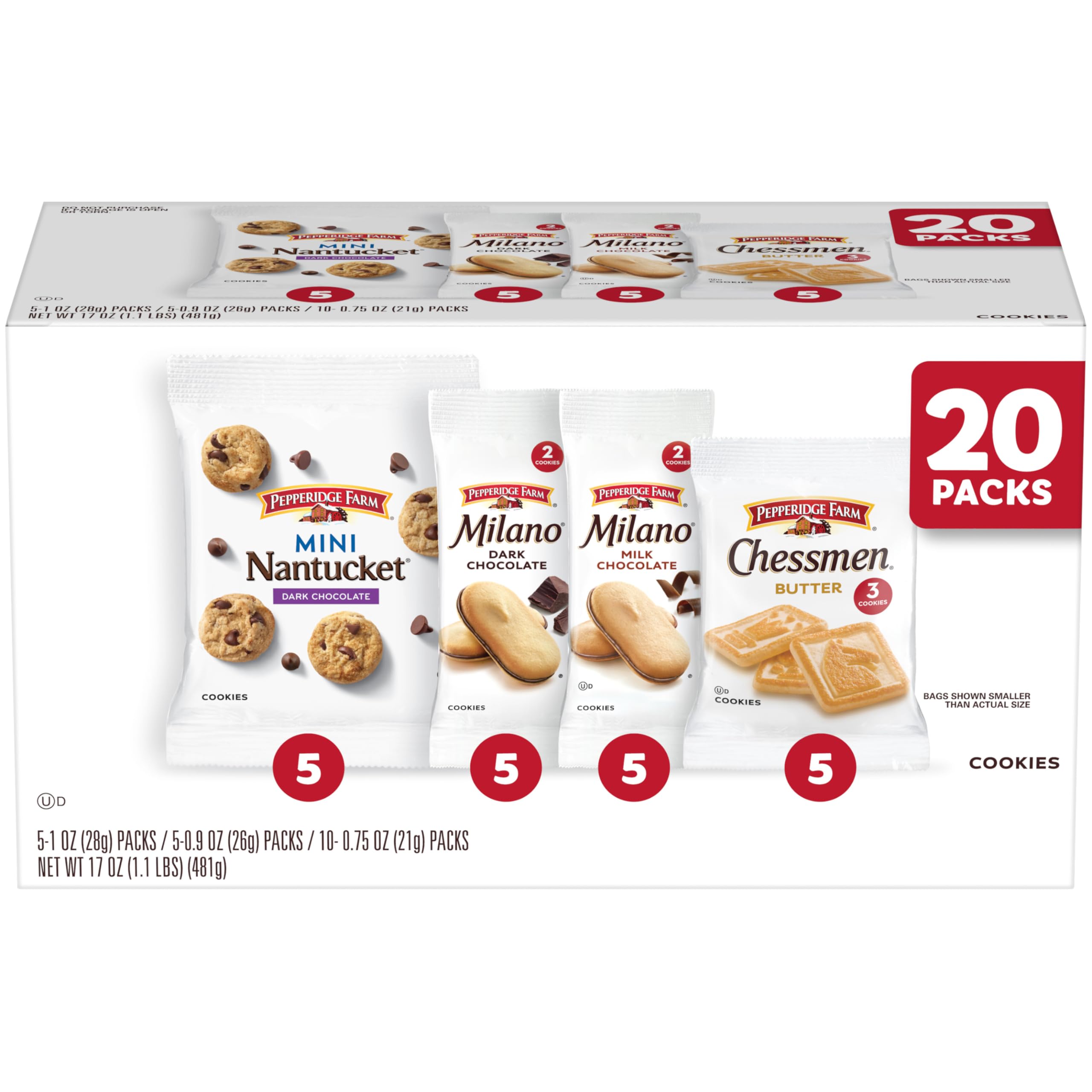 Pepperidge Farm Cookies Variety Pack box with 20 snack packs for on-the-go snacking