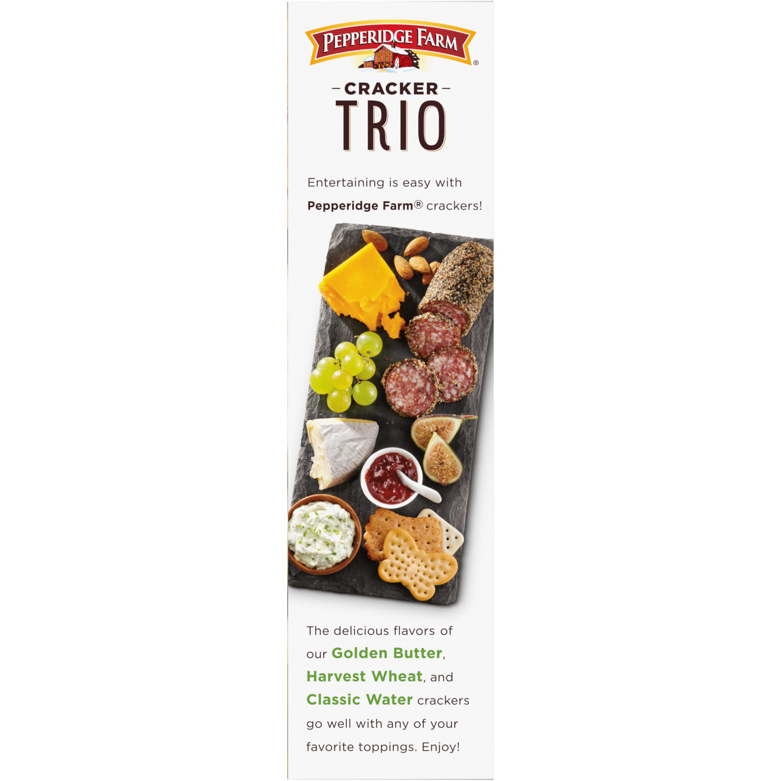 Pepperidge Farm crackers on a serving board paired with cheese for entertaining ease