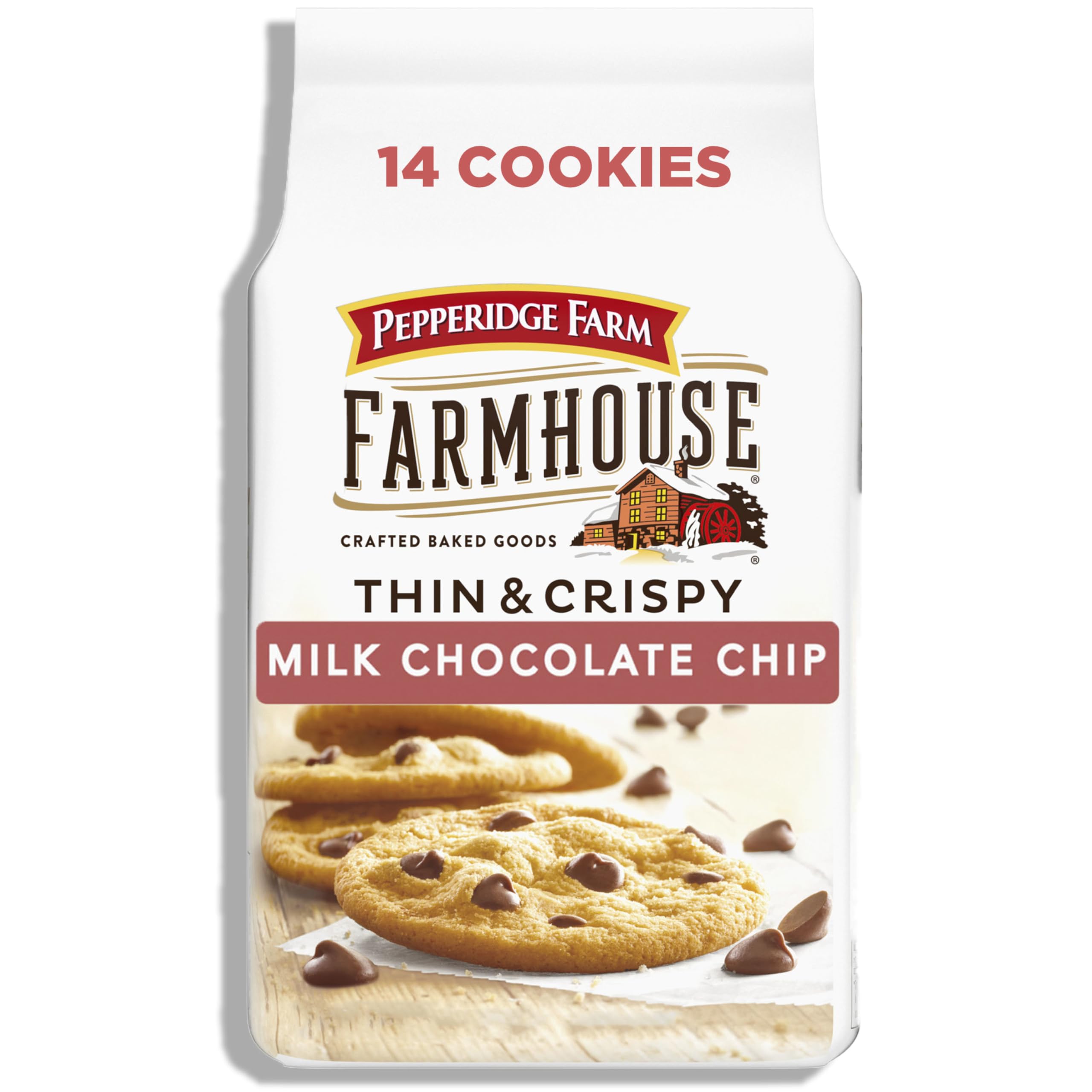 Pepperidge Farm Farmhouse Thin Crispy Milk Chocolate Chip Cookies bag ideal for sharing.