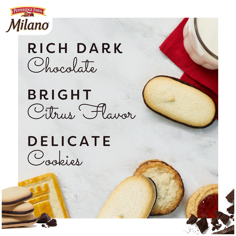 Close-up of Milano Cookies Chocolate Orange with rich chocolate and bright orange filling