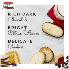 Close-up of Milano Cookies Chocolate Orange with rich chocolate and bright orange filling